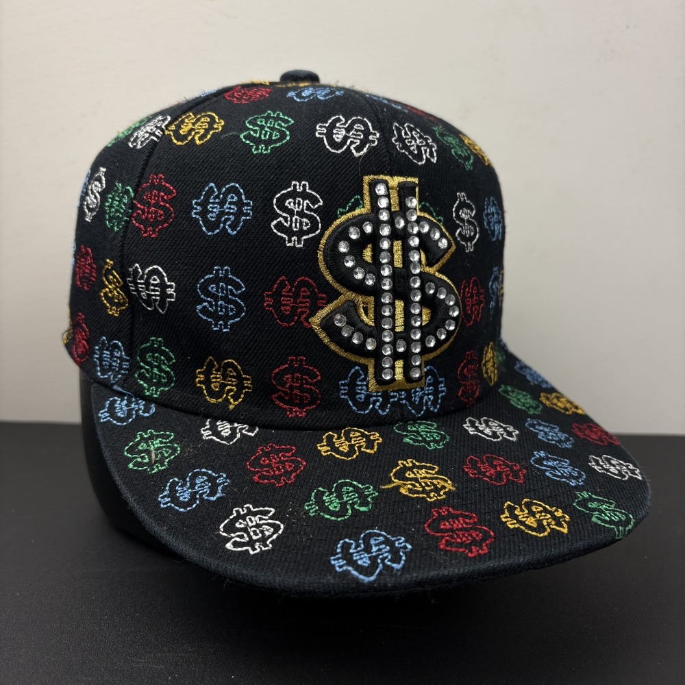 City Hunter Money Sign Rhinestone All Over Print Fitted Hat Cap Size Medium Y2K